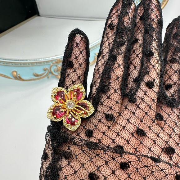 Anthropologie Blossom Gold Pink Floral Crystal Stainless Steel Adjustable Ring - Picture 15 of 17